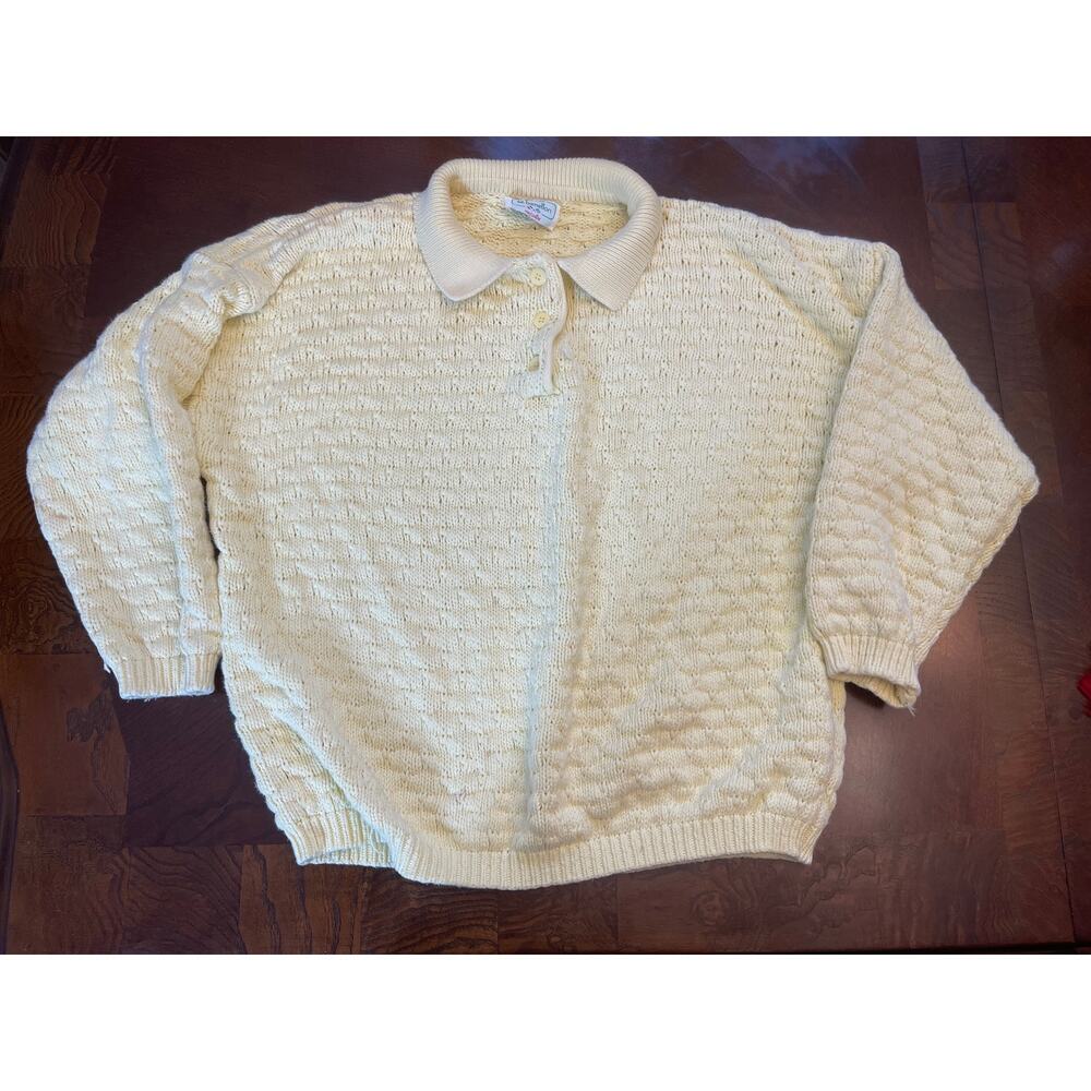 Vintage Benetton Italy Size 48 Pale Yellow Textured Knit Polo Sweater 80s 90s